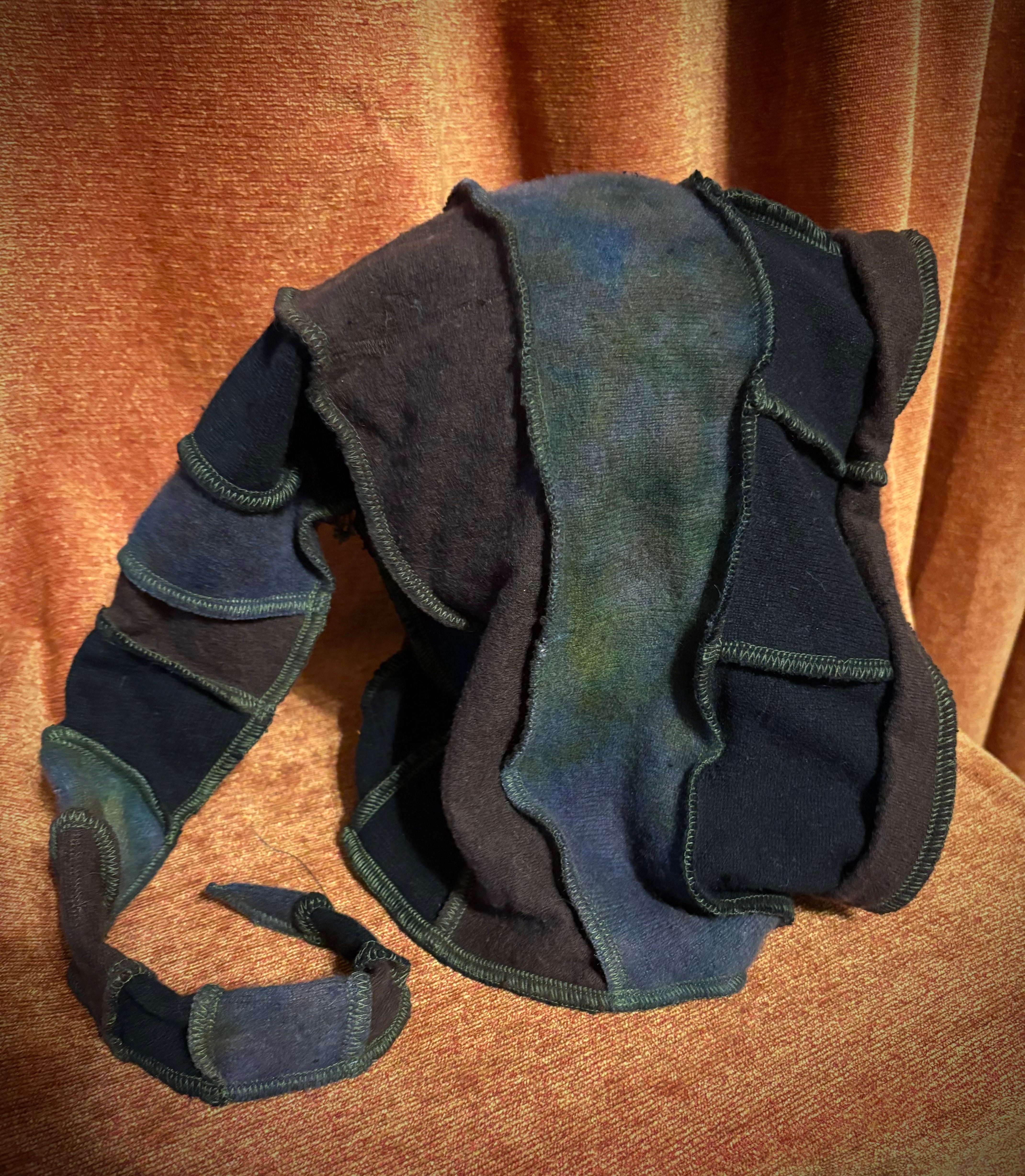 Brown, Black, and Tie-Dyed earth tone hood w/green thread accents