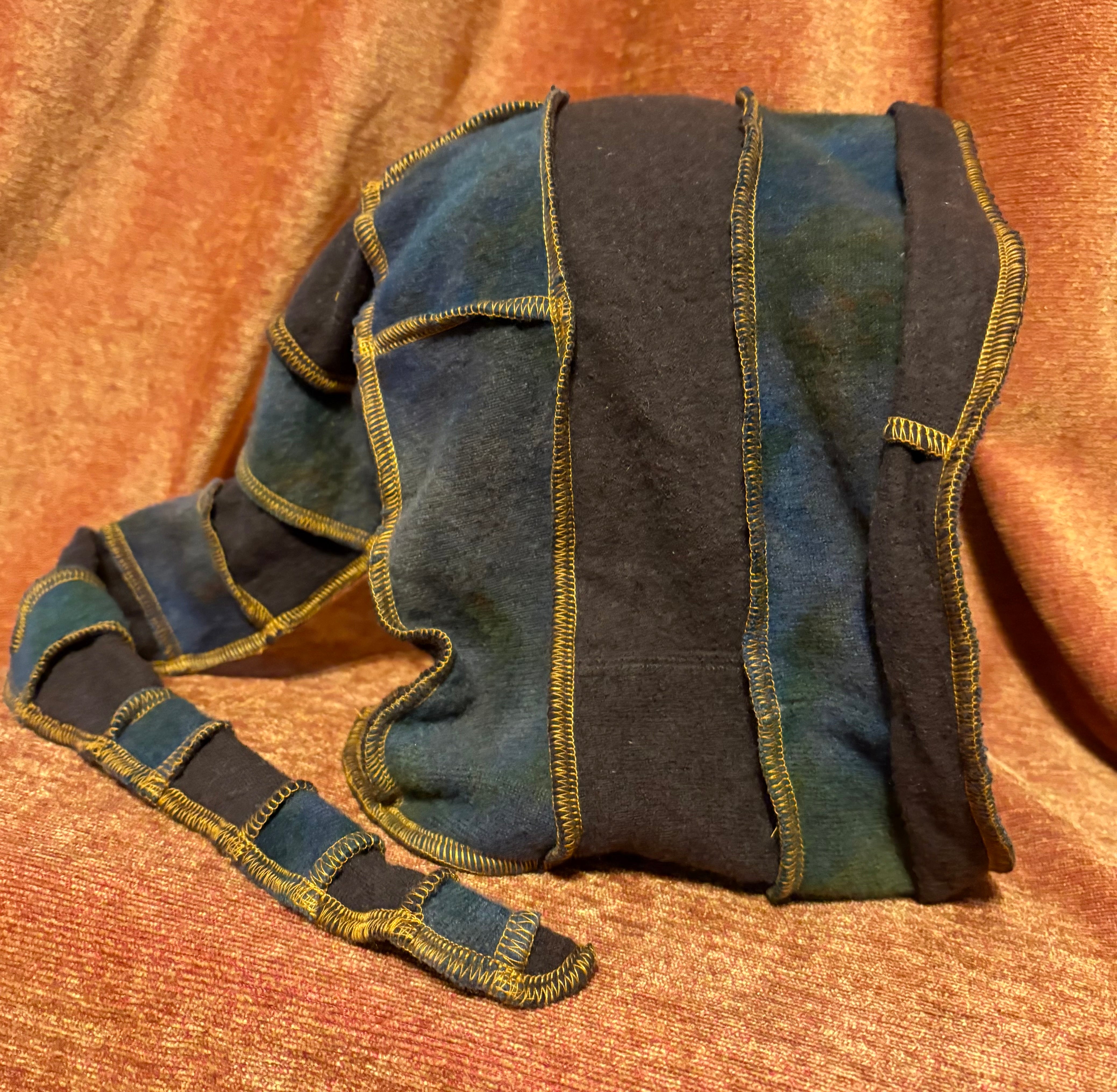 Brown and tie-dyed blue&green hood w/copper thread accents