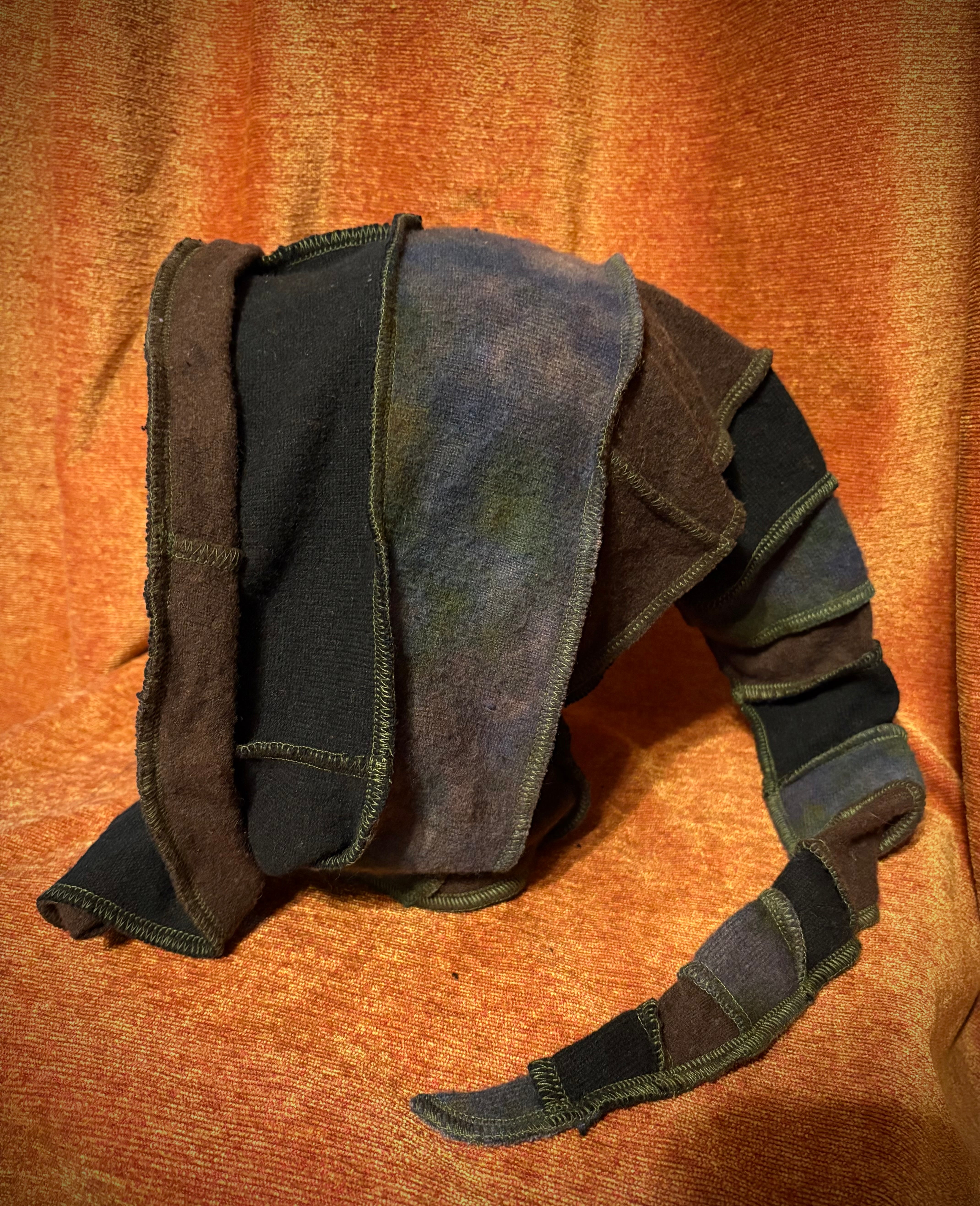 Brown, Black, and Tie-Dyed earth tone hood w/green thread accents