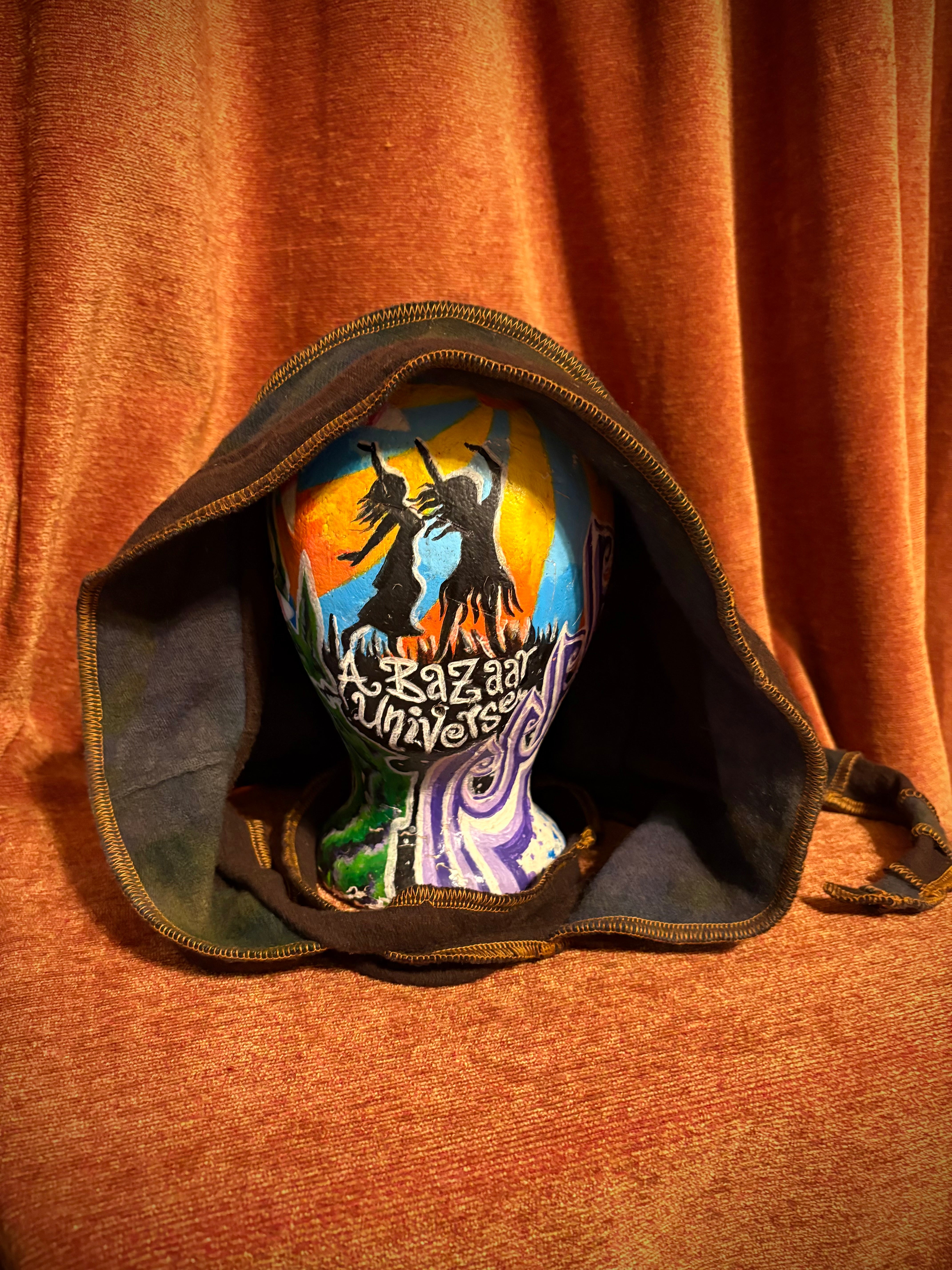 Brown and tie-dyed blue&green hood w/copper thread accents