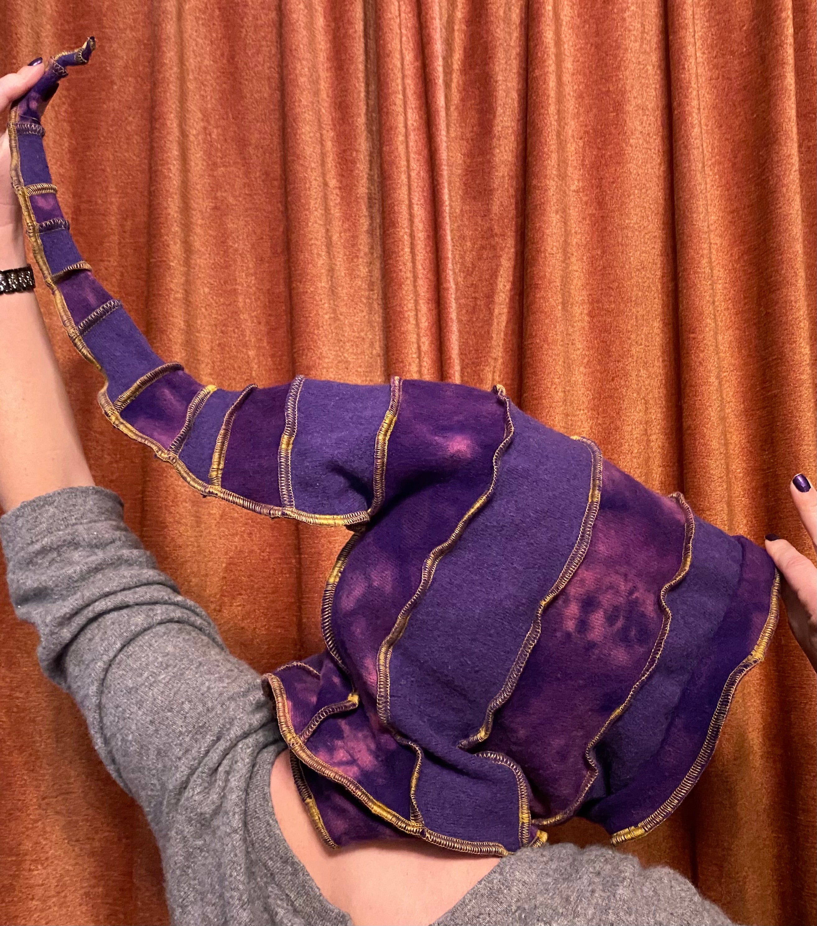 Purple tiedye cashmere hood with gold thread accents
