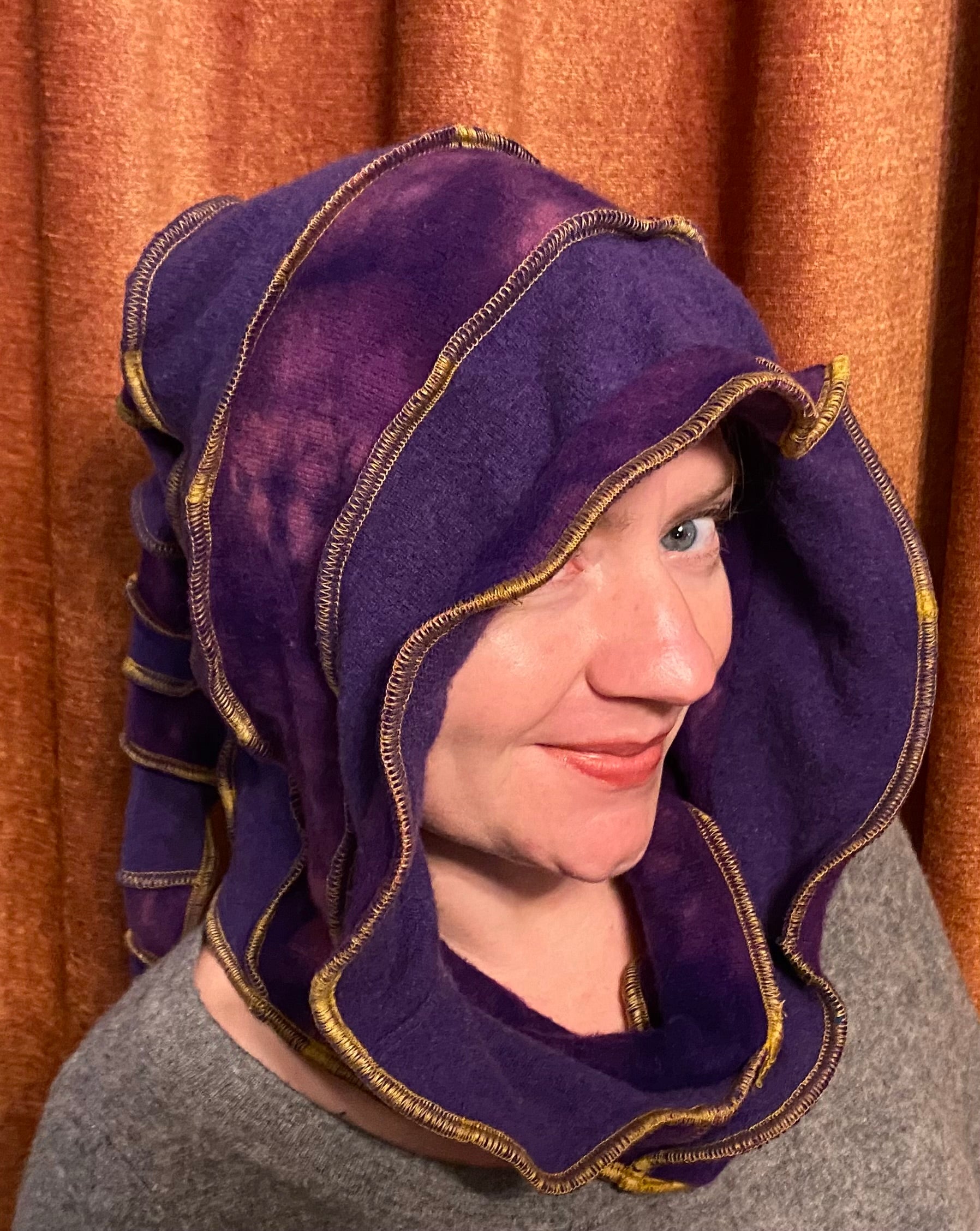 Purple tiedye cashmere hood with gold thread accents