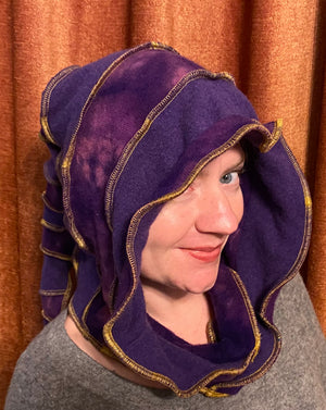 Purple tiedye cashmere hood with gold thread accents
