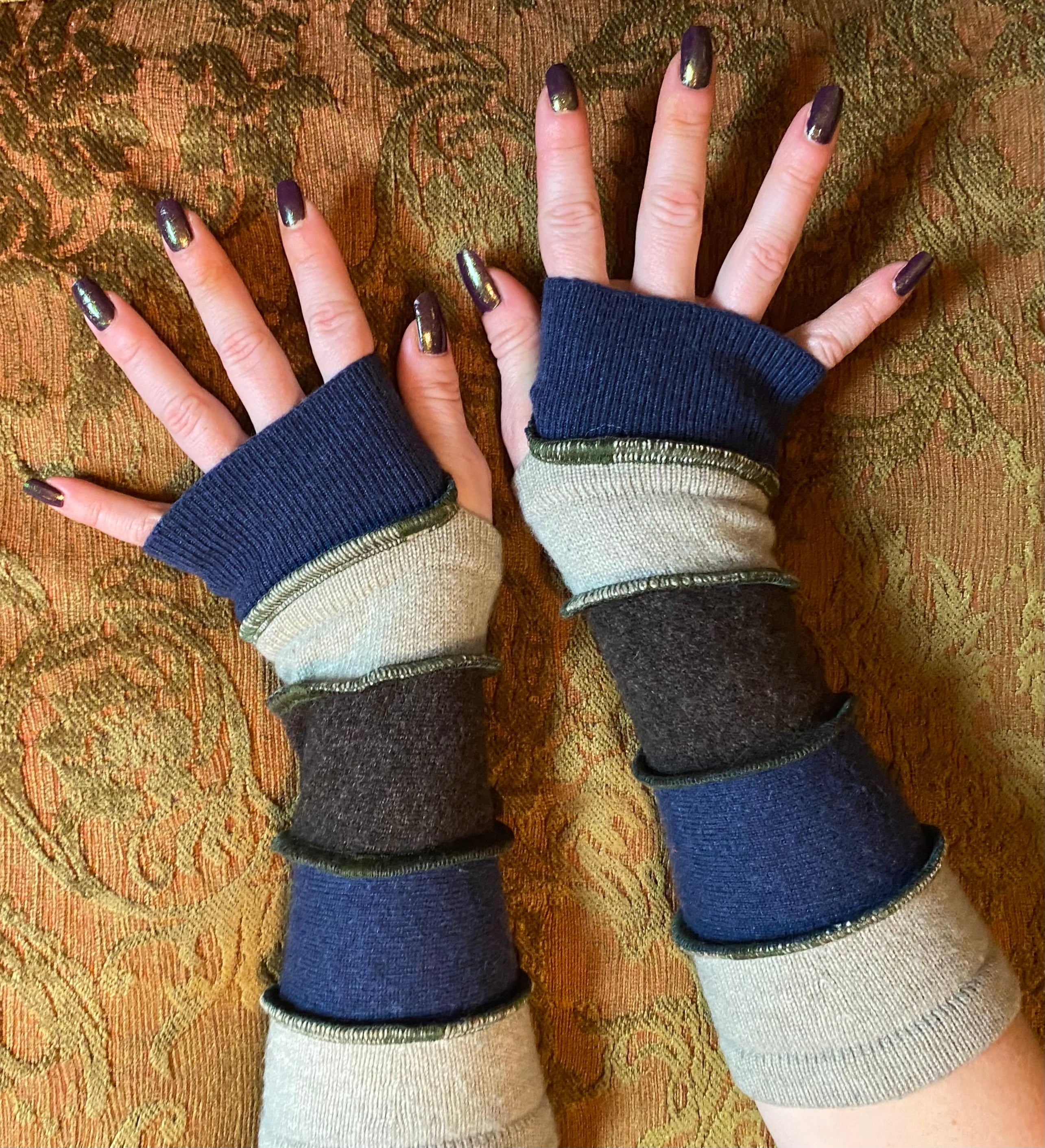 Earthy brown beige and Navy armwarmers