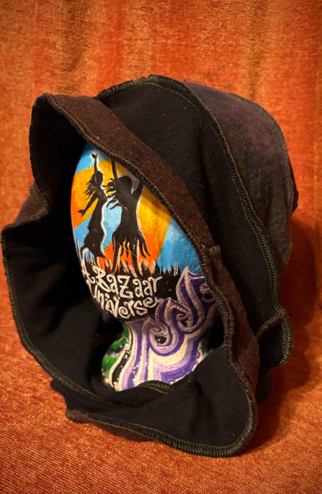 Brown, Black, and Tie-Dyed earth tone hood w/green thread accents