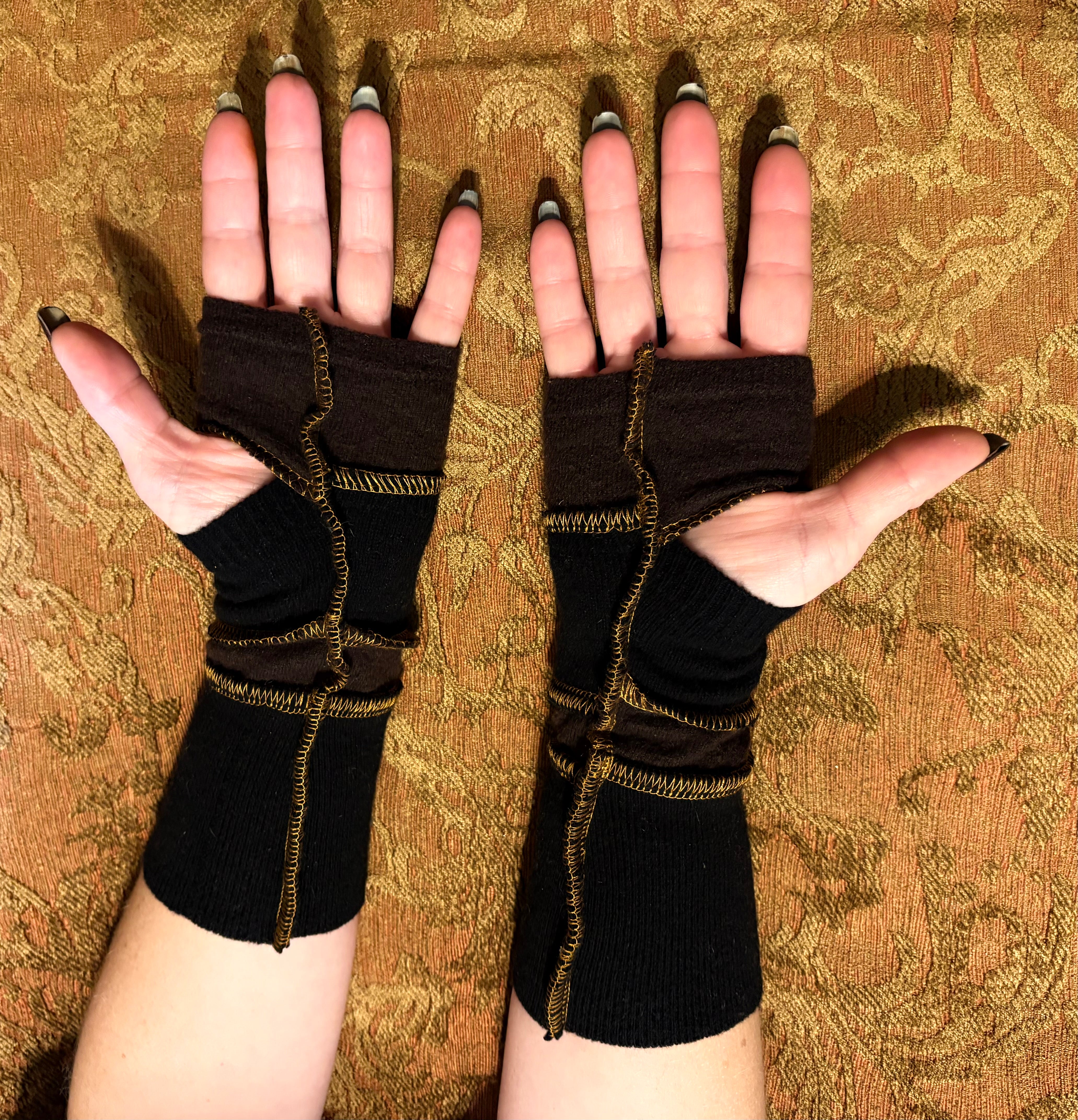 Black cashmere Armwarmers w/ copper thread accents