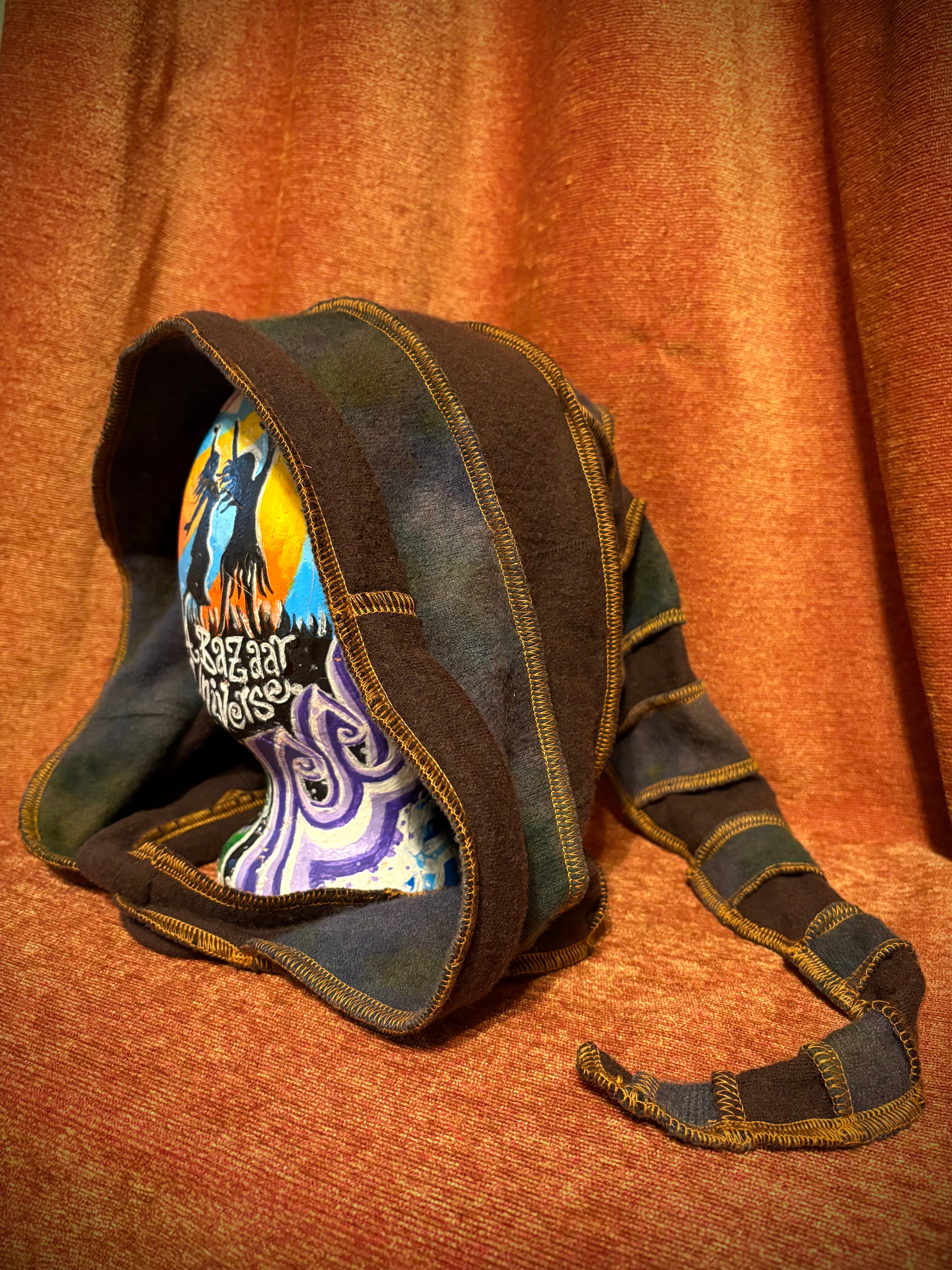 Brown and tie-dyed blue&green hood w/copper thread accents