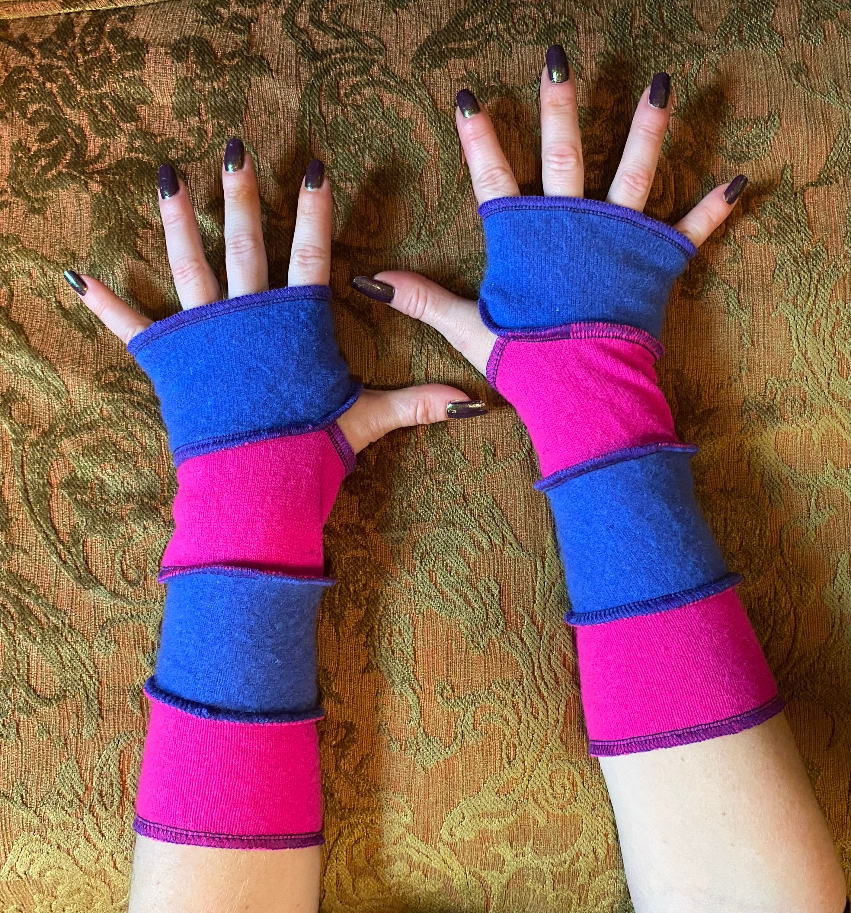 Hot pink and muted blue armwarmers