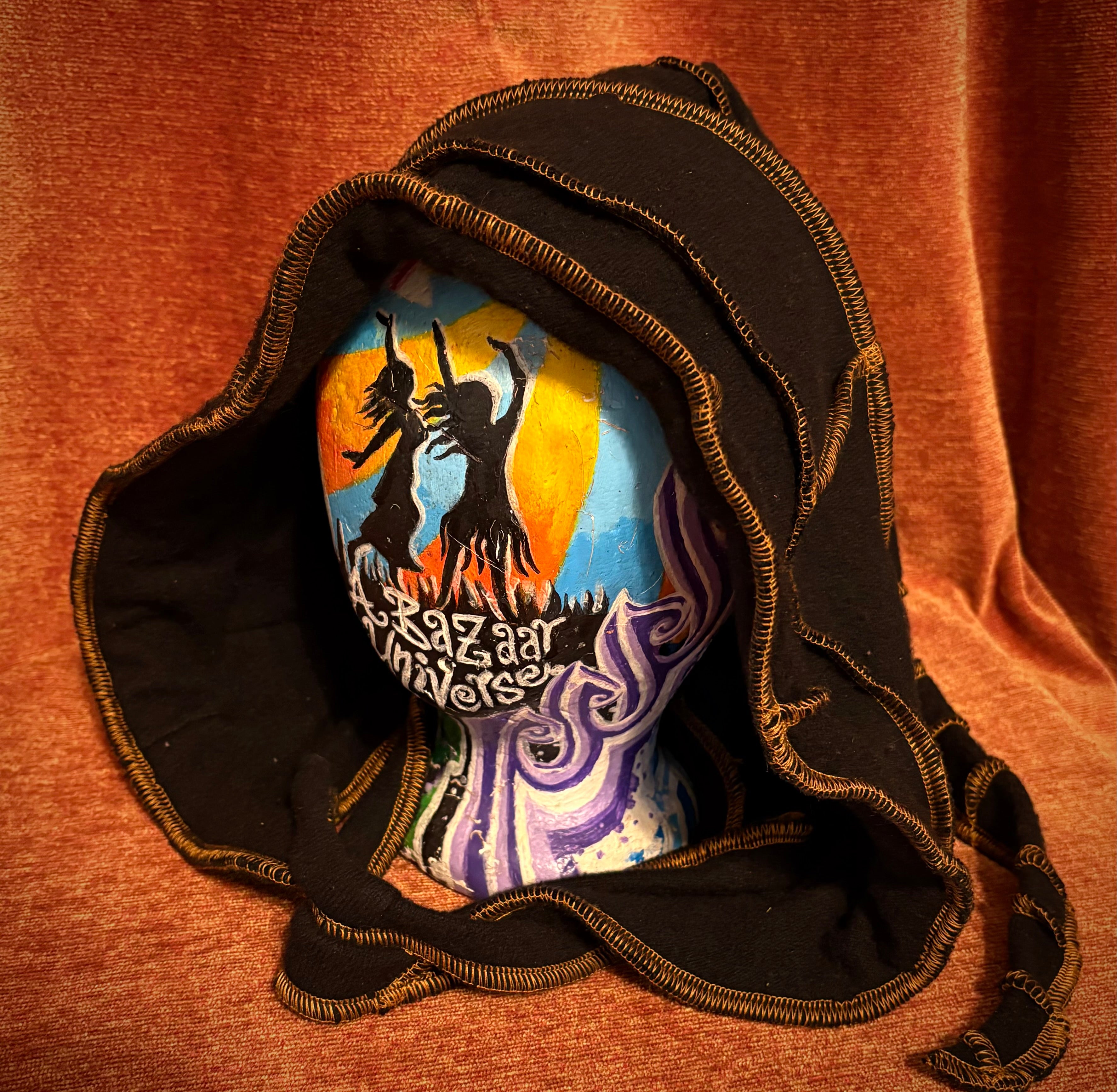 Black cashmere hood with copper thread accents