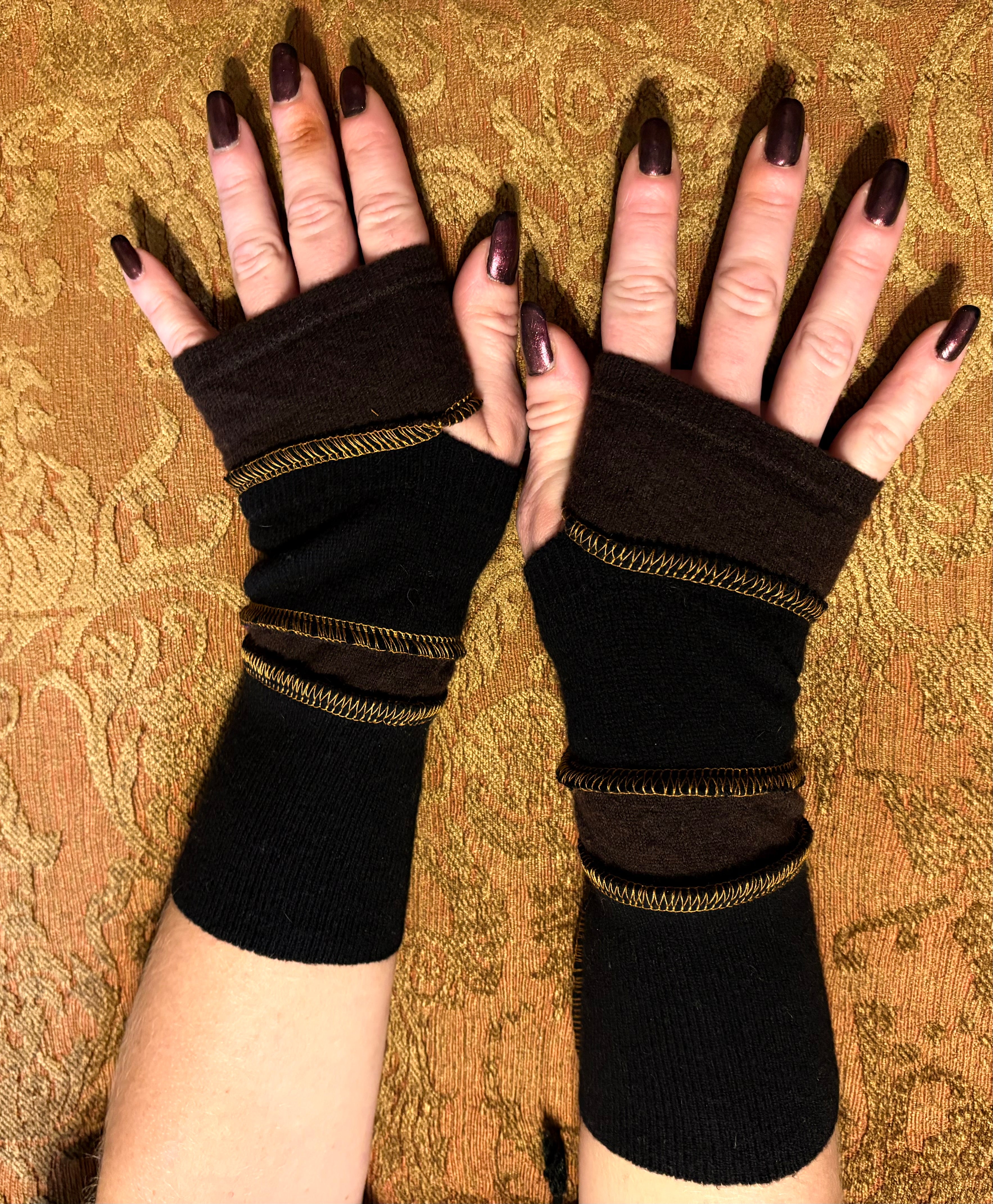 Black cashmere Armwarmers w/ copper thread accents