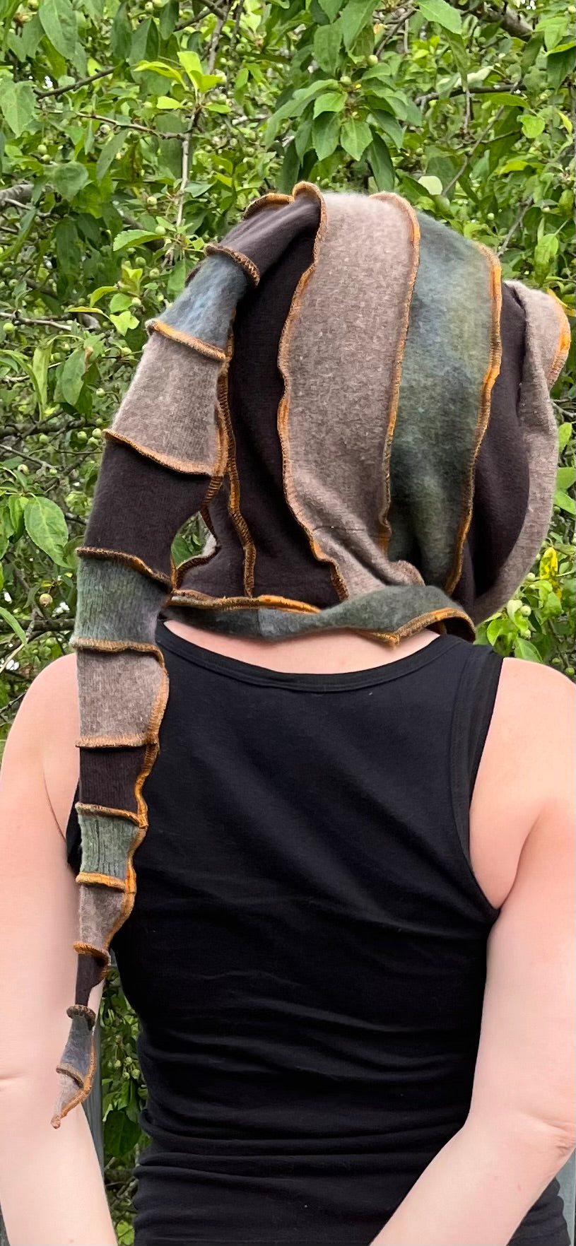 Earthy cashmere hood w copper thread accents