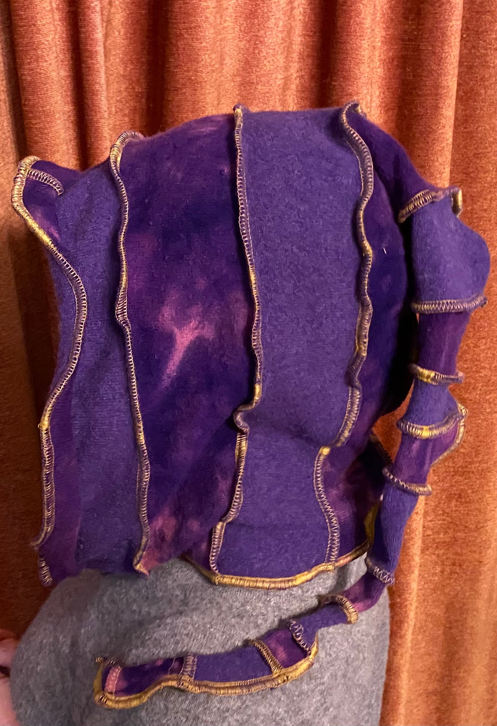 Purple tiedye cashmere hood with gold thread accents