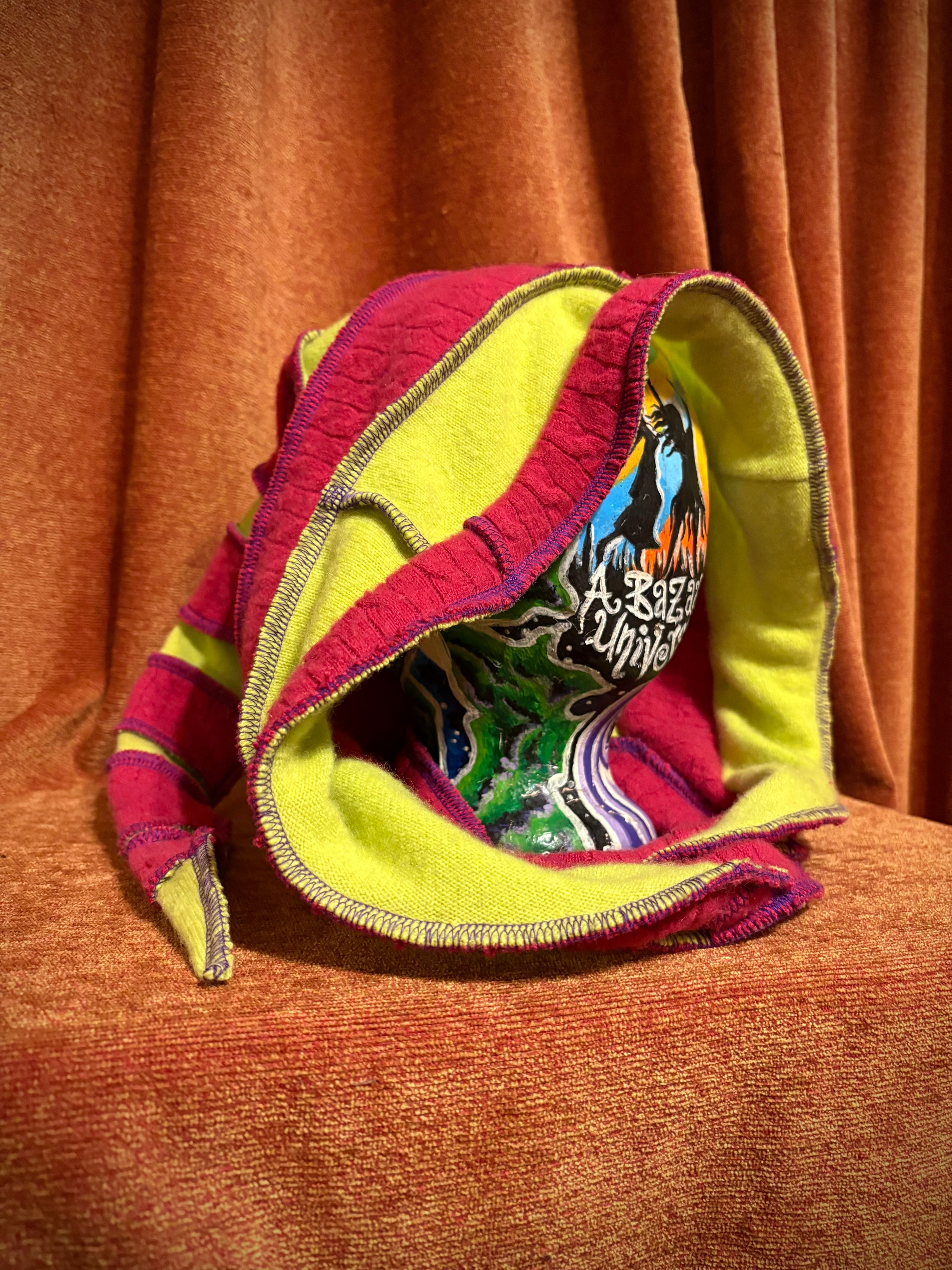 Pink and bright lime hoods w/ purple thread accents