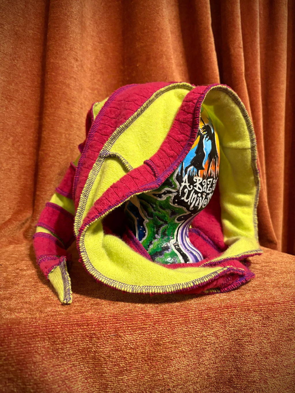 Pink and bright lime hoods w/ purple thread accents